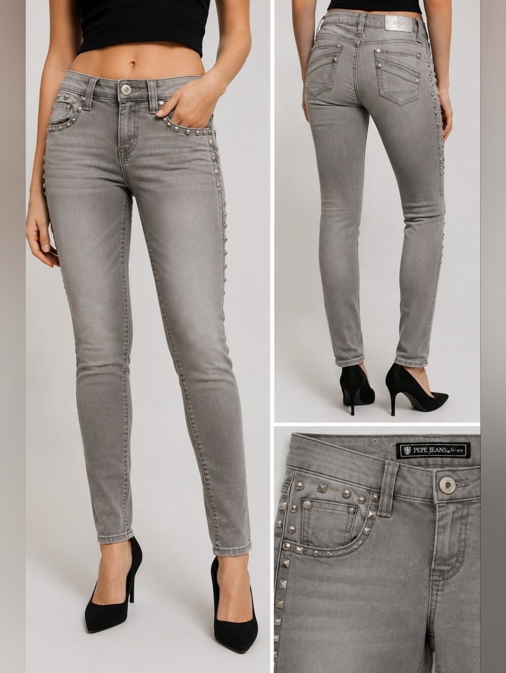 Pepe Jeans London Studded Gray Skinny Jeans Women's Size 29 Stretch Moto Rock Y2
